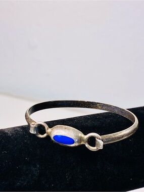 Mexico 925 Sterling Silver Cuff Bracelet with Blue Lapis Oval Inlay Stone SMALL